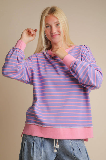 Stripe Comfy Casual Oversized Knit Top: LAVENDER/PINK