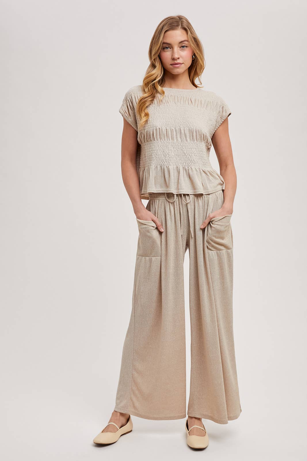 RELAXED KNIT SMOCKED TOP AND WIDE PANTS
