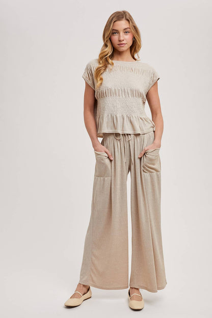 RELAXED KNIT SMOCKED TOP AND WIDE PANTS
