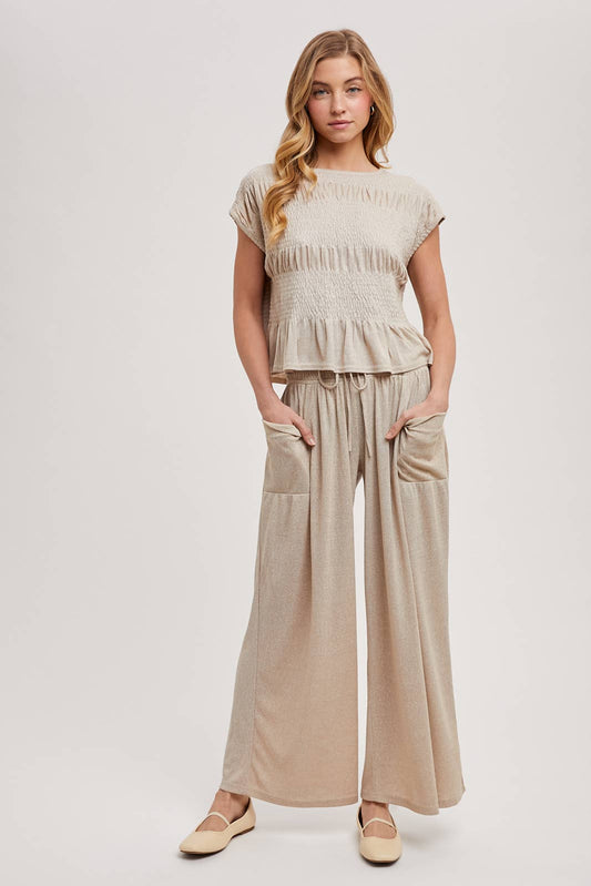 RELAXED KNIT SMOCKED TOP AND WIDE PANTS