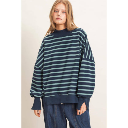 Striped Mock Neck Sweatshirt: NAVY/SAGE