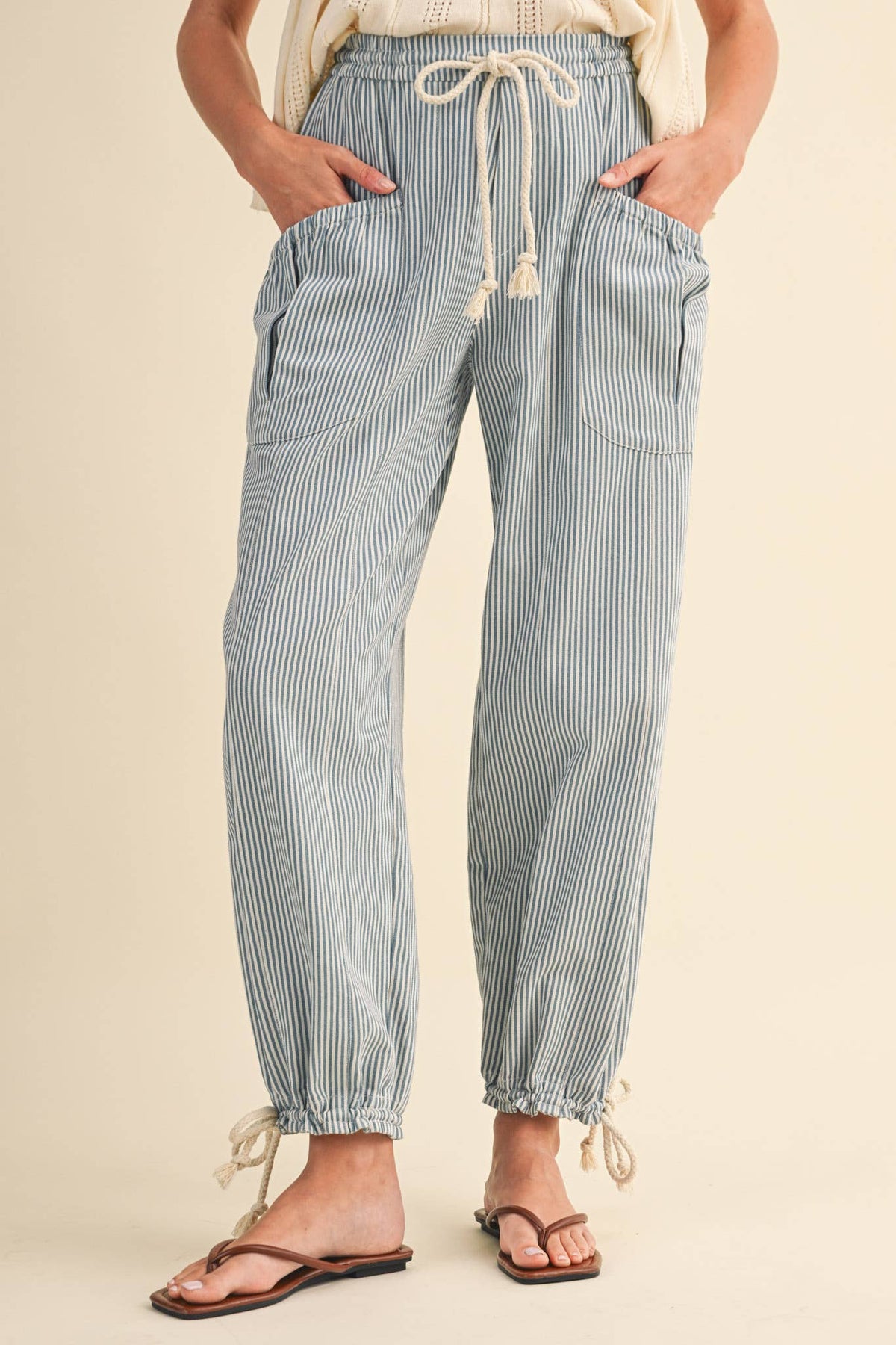 STRIPED PARACHUTE PANTS: DENIM STRIPE