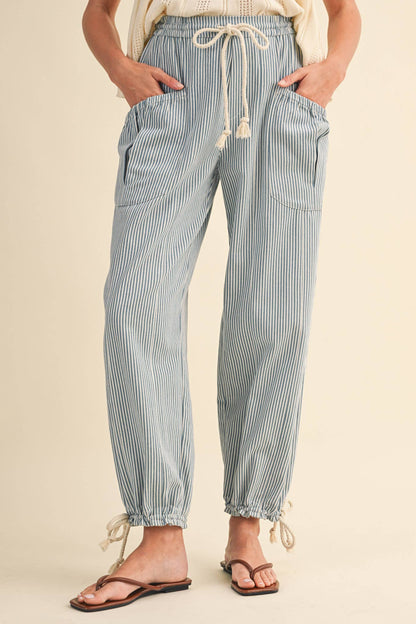 STRIPED PARACHUTE PANTS: DENIM STRIPE