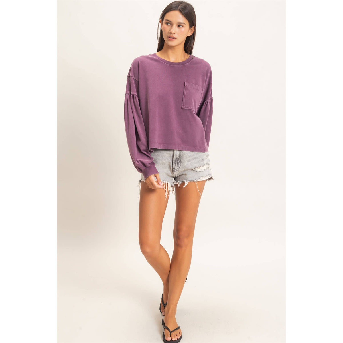 Mineral Wash Puff Long Sleeve Boxy Top: DARK CHERRY