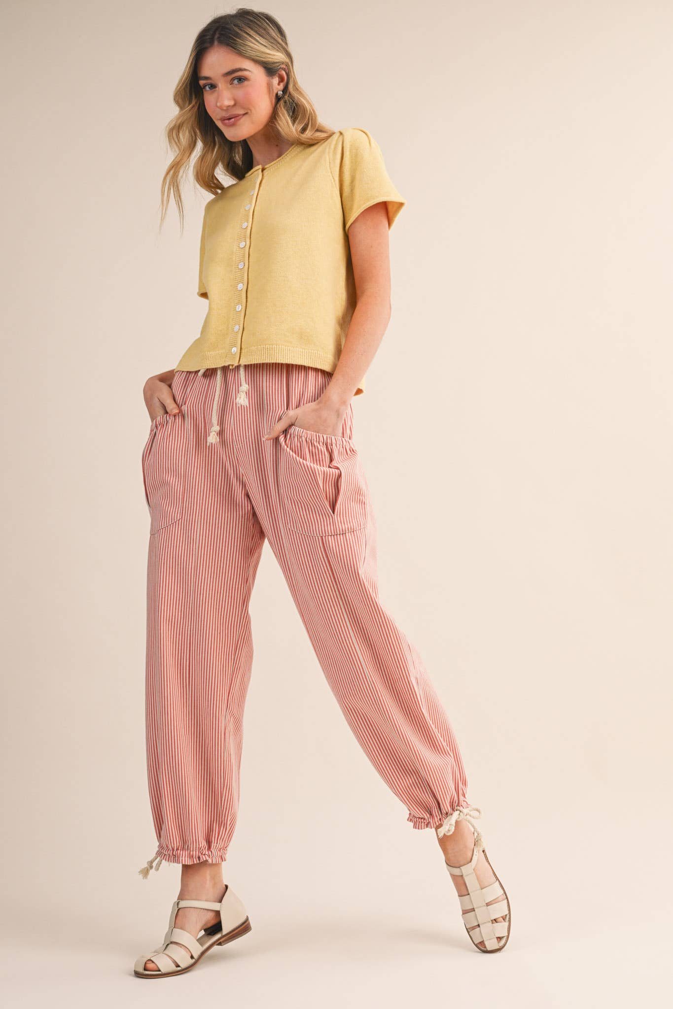 STRIPED PARACHUTE PANTS: SALMON PINK STRIPE