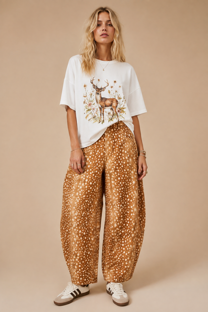 High-Waisted Fawn / Deer Print Barrel-Leg Pants