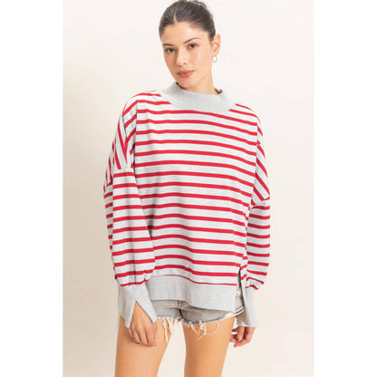 Striped Mock Neck Sweatshirt: H.GRAY/RED