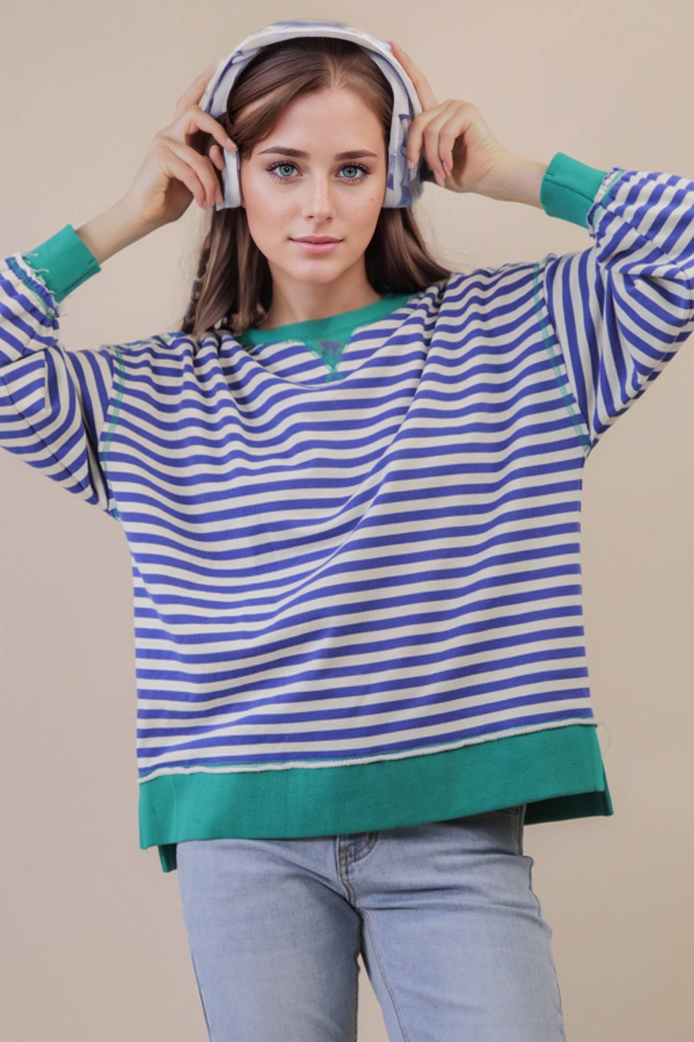 Stripe Comfy Casual Oversized Knit Top: ROYAL BLUE/CREAM