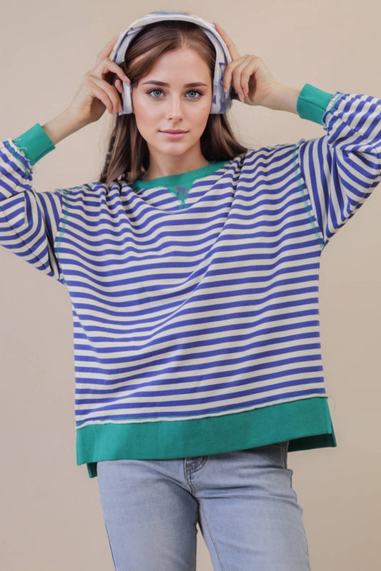 Stripe Comfy Casual Oversized Knit Top: ROYAL BLUE/CREAM