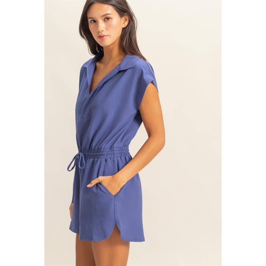 Collared Romper with Buttonless Placket