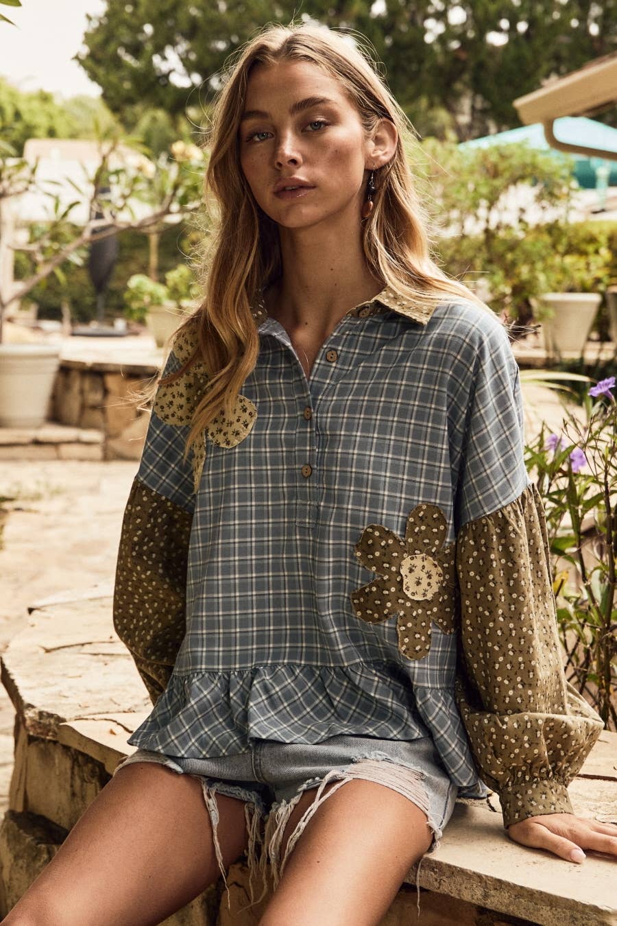 Plaid Button-up Shirt : SKYBLUE COMBO