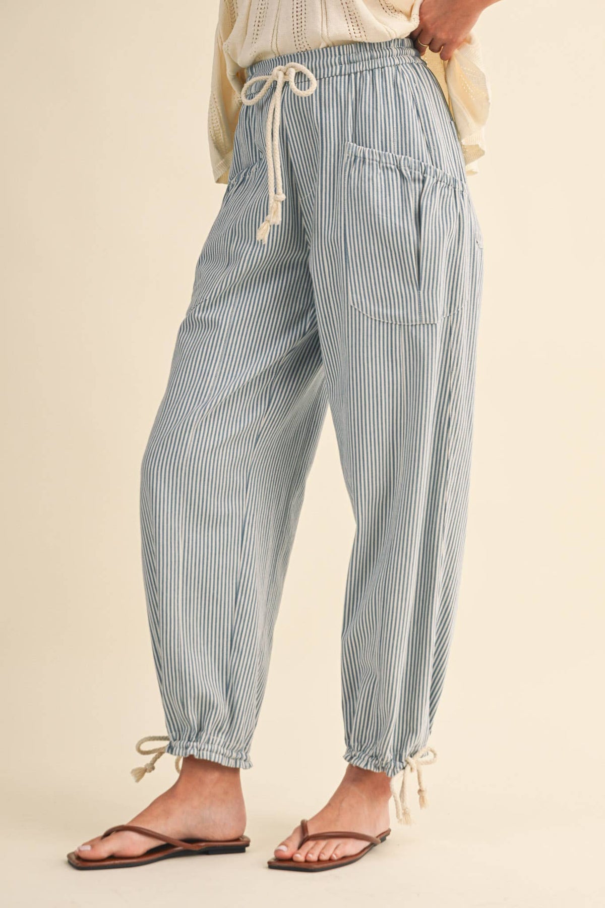 STRIPED PARACHUTE PANTS: DENIM STRIPE