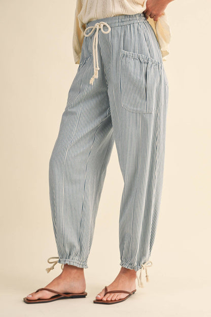 STRIPED PARACHUTE PANTS: DENIM STRIPE