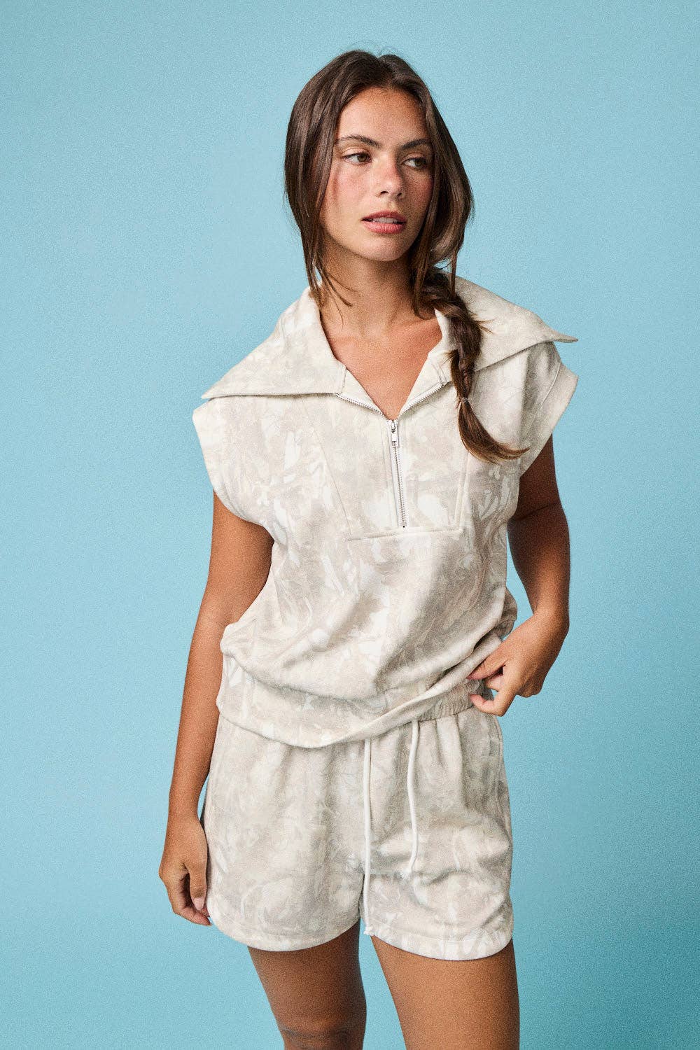 Camo Half Zip Slvls Top and Shorts Set-CAMO