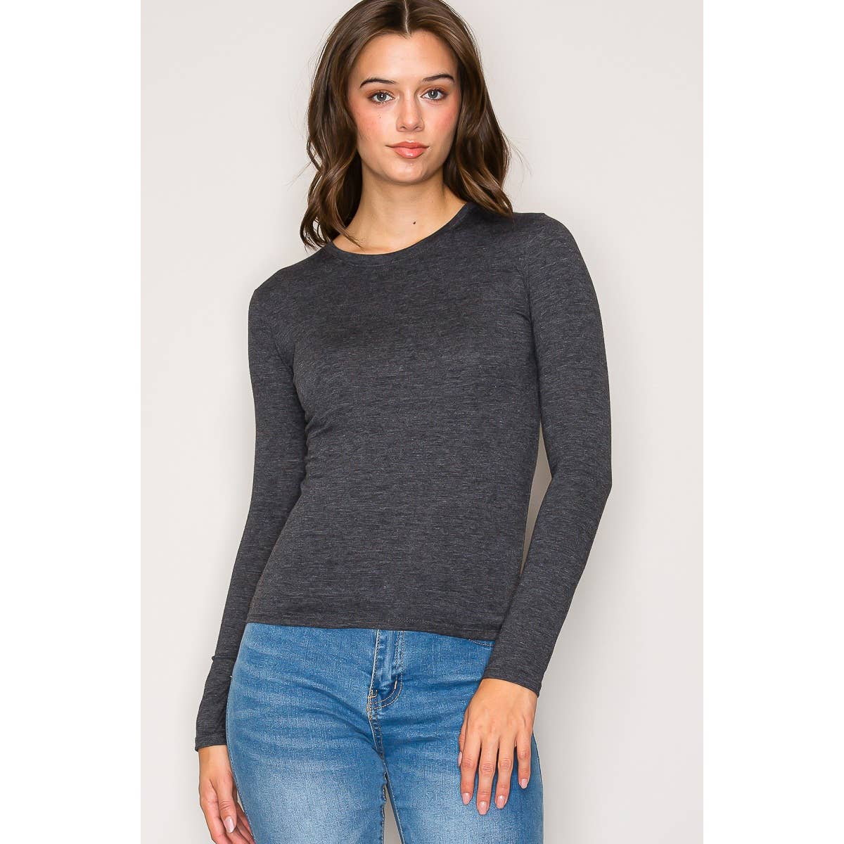 Popular 21 - Crew Neck Long Sleeve Cotton Span Knit Tee: Charcoal / S-M-L(2-2-2)