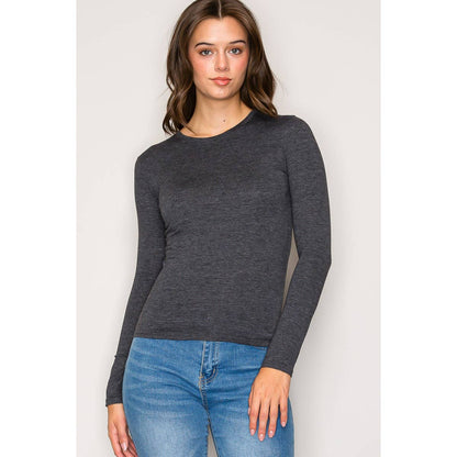 Popular 21 - Crew Neck Long Sleeve Cotton Span Knit Tee: Charcoal / S-M-L(2-2-2)