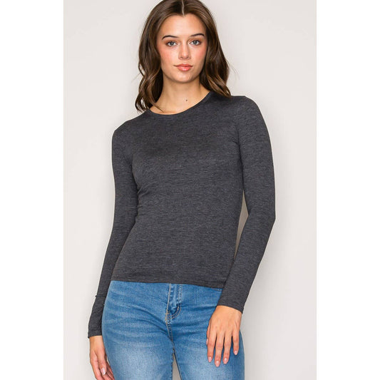 Popular 21 - Crew Neck Long Sleeve Cotton Span Knit Tee: Charcoal / S-M-L(2-2-2)
