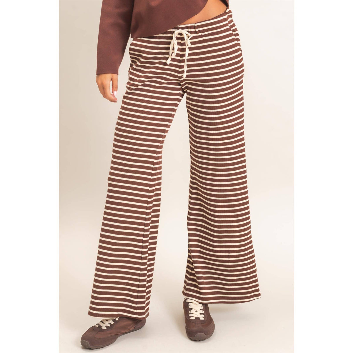 Low Rise Striped Waffle Knit Pants: DARK BROWN