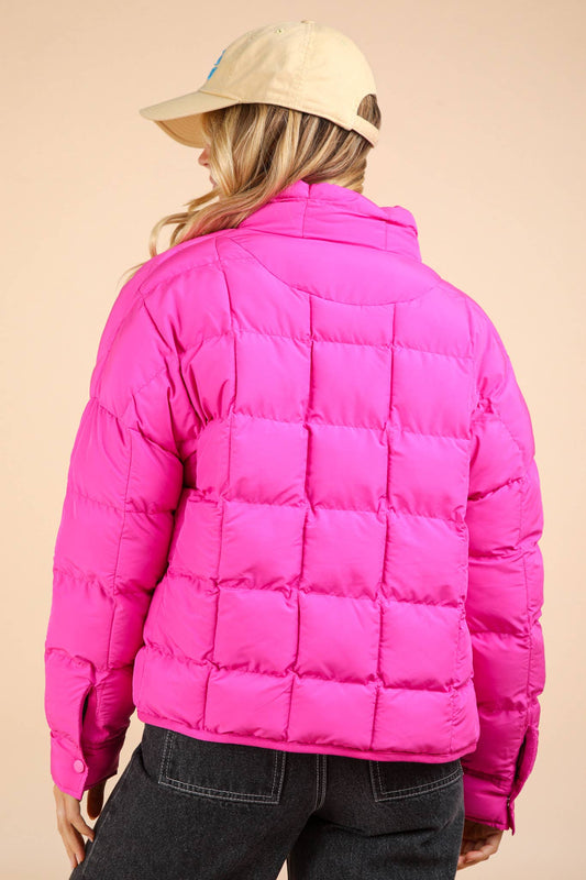 Solid Puffer Padded Warm Jacket: FUCHSIA