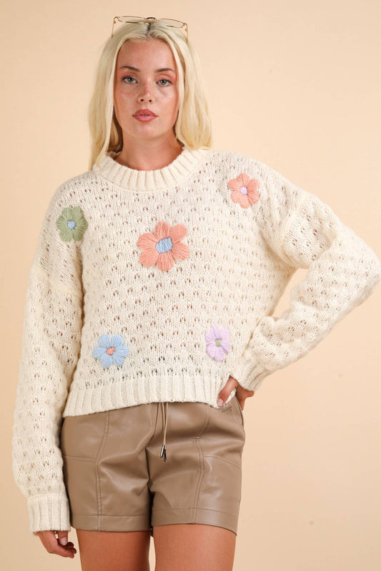 Hand Made Flower Applique Knit Sweater Top: CREAM