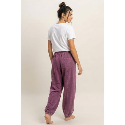 Mineral Wash Elastic Waist Jogger Pants: DARK CHERRY