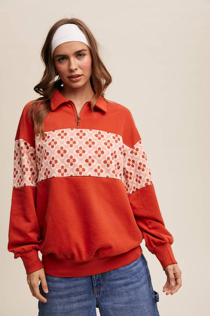 Retro Flower Panel Half-Zip Pullover