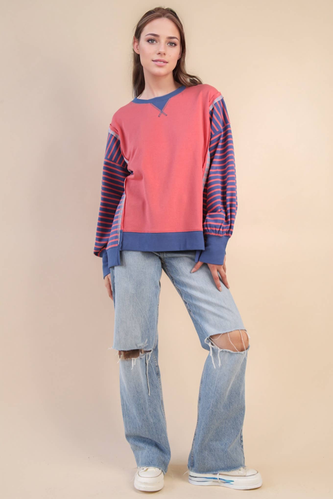 Oversized Striped Casual Knit Top: CORAL