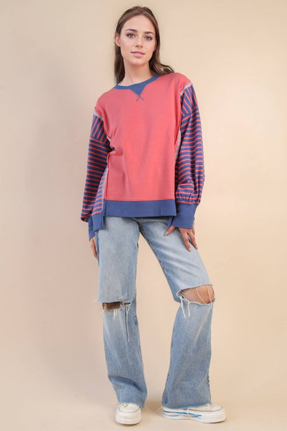 Oversized Striped Casual Knit Top: CORAL