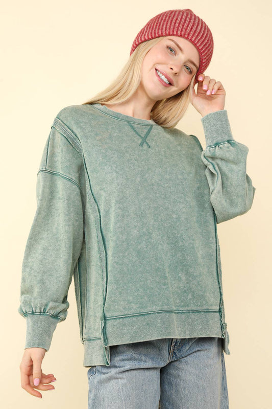 Mineral Washed French Terry Oversized Knit Top: Green