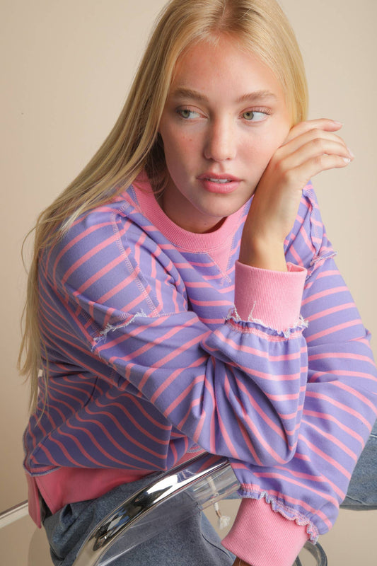 Stripe Comfy Casual Oversized Knit Top: LAVENDER/PINK