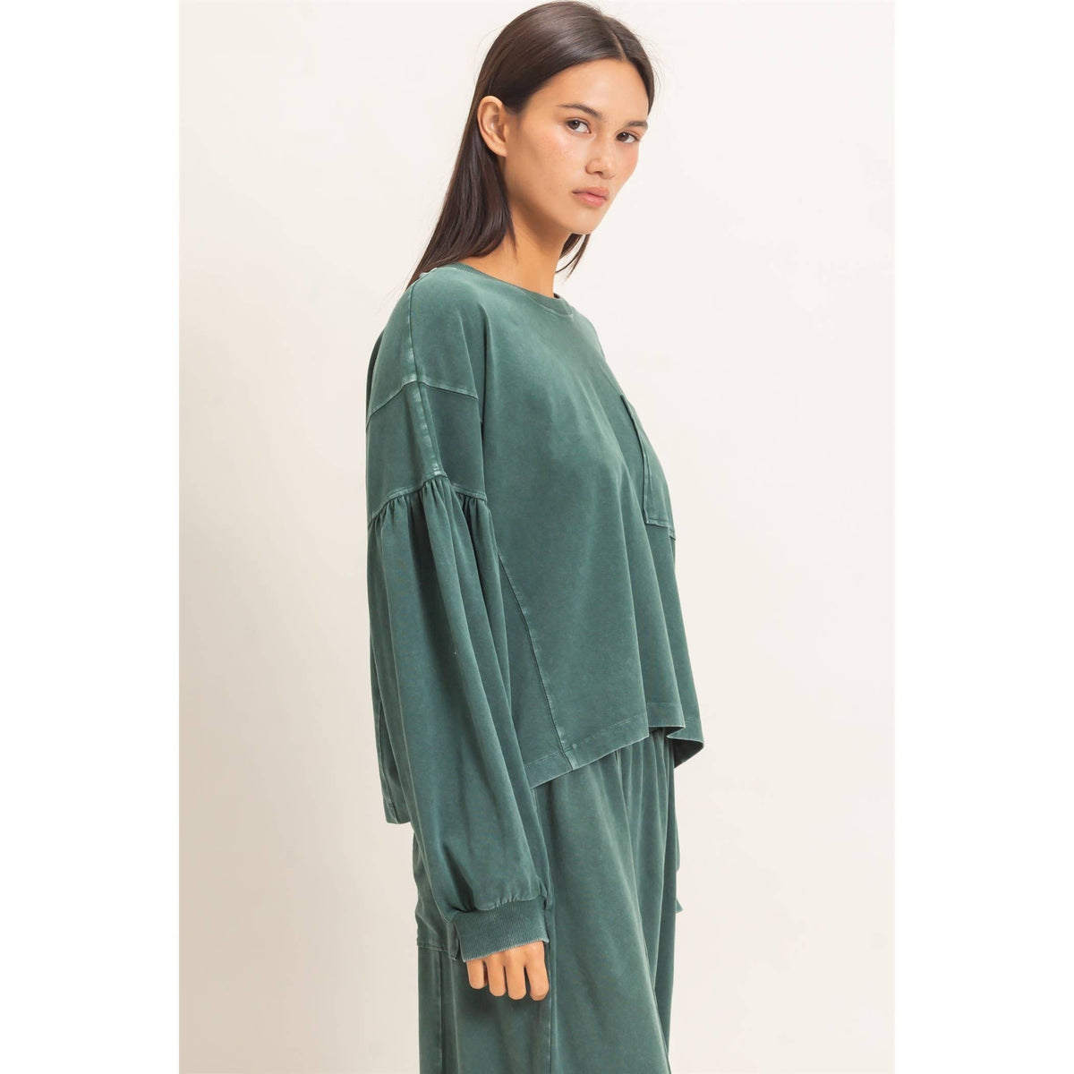 Mineral Wash Puff Long Sleeve Boxy Top: DARK GREEN