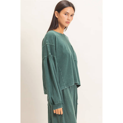 Mineral Wash Puff Long Sleeve Boxy Top: DARK GREEN