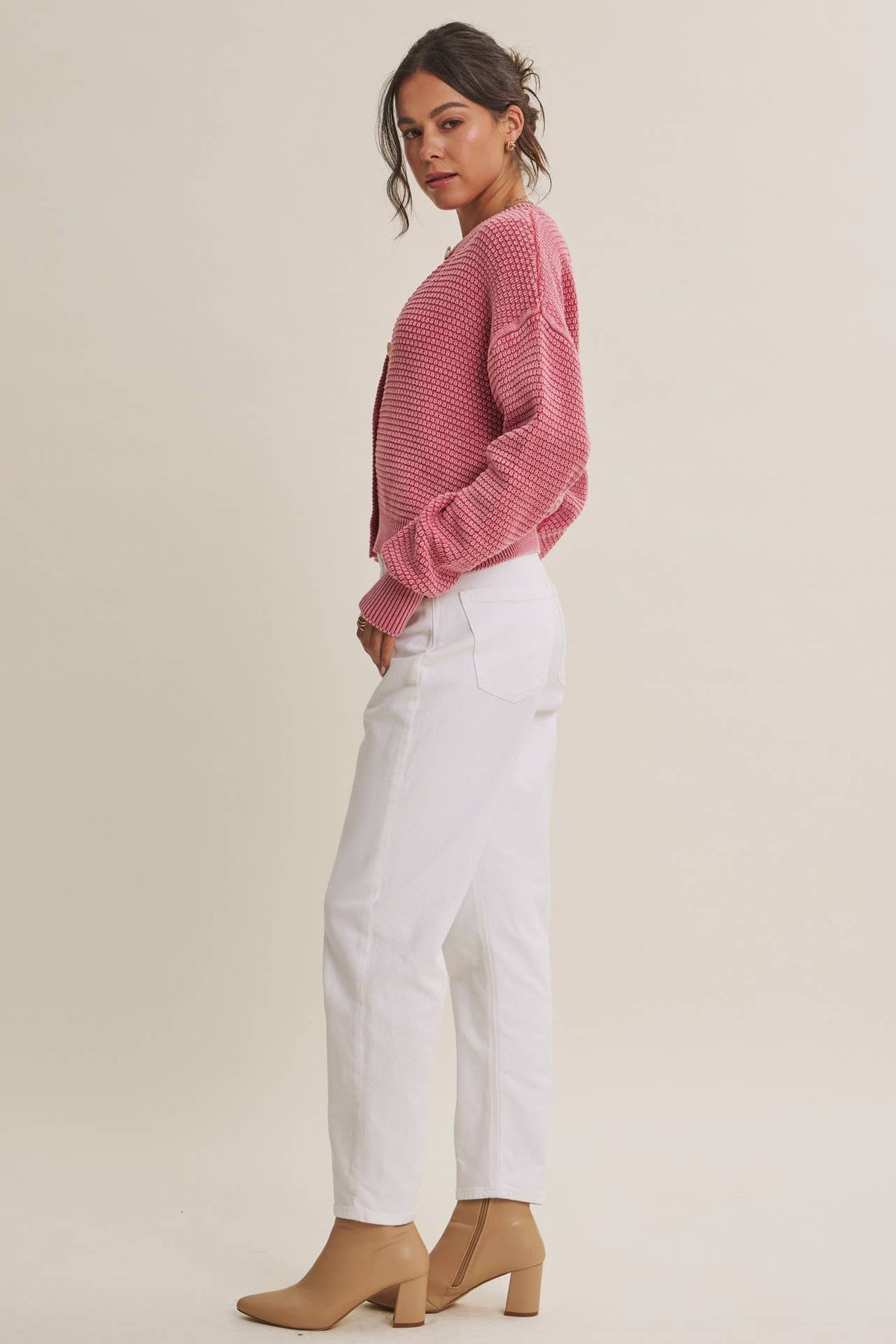SEASONLESS MINERAL-WASHED COTTON WAFFLE BUTTON-DOWN CARDIGAN: PALE MAUVE
