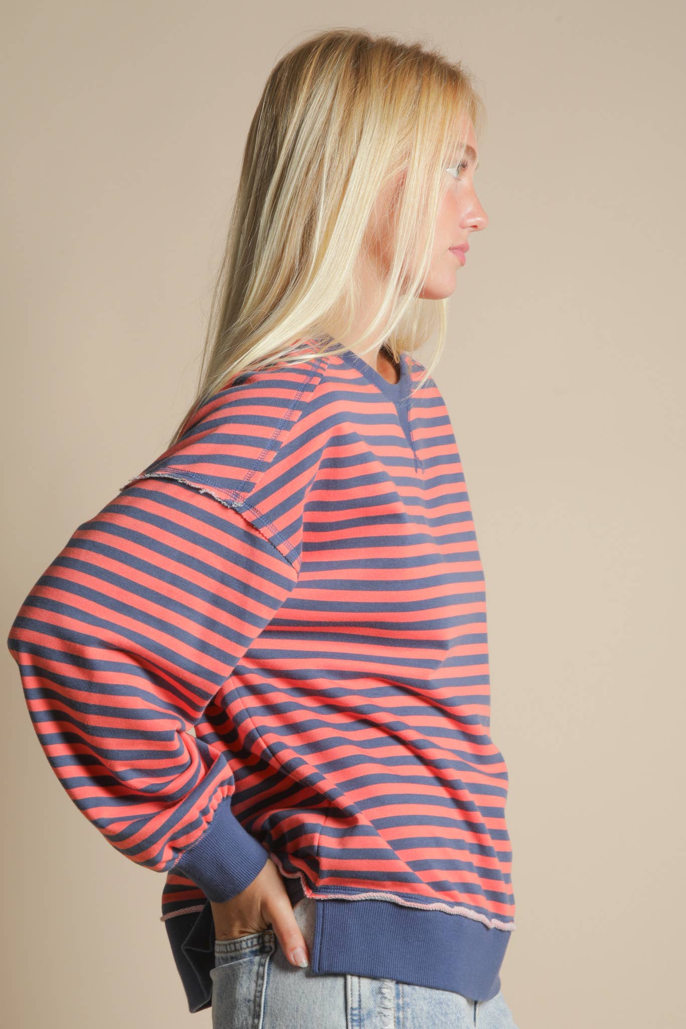 Stripe Comfy Casual Oversized Knit Top: CORAL/NAVY