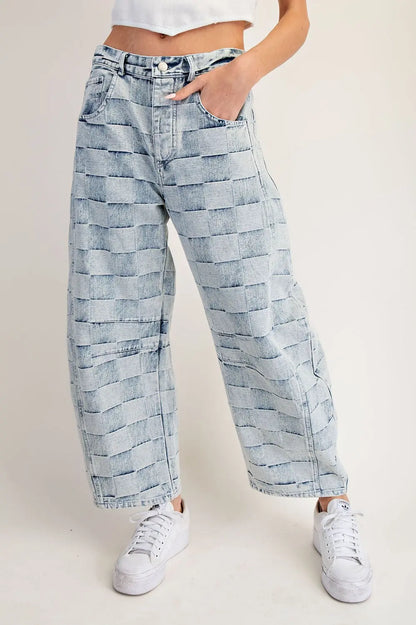 Mineral Washed Checker Print Barrel Jeans