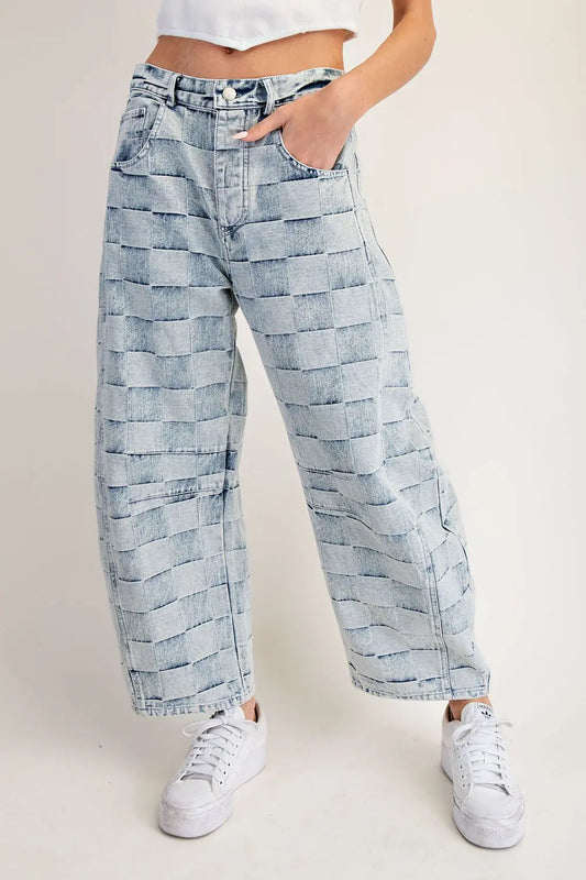 Mineral Washed Checker Print Barrel Jeans
