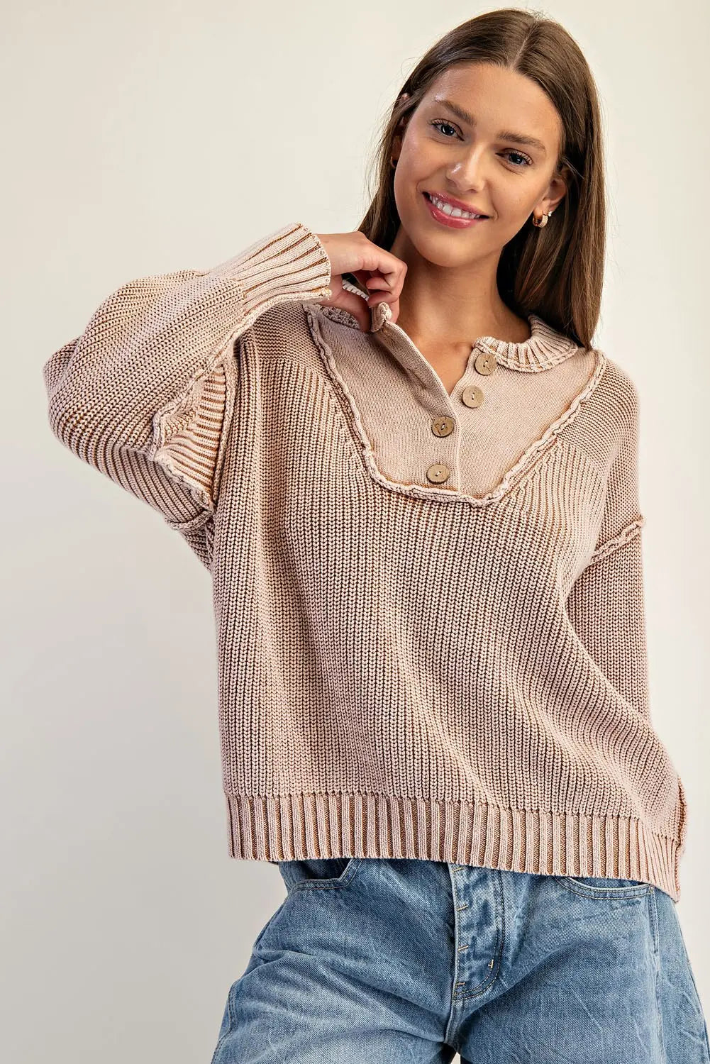 Half Button Front Long Sleeve Knit Pullover