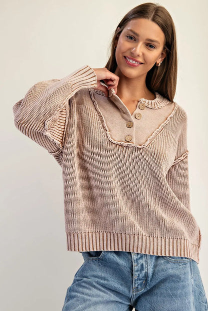 Half Button Front Long Sleeve Knit Pullover