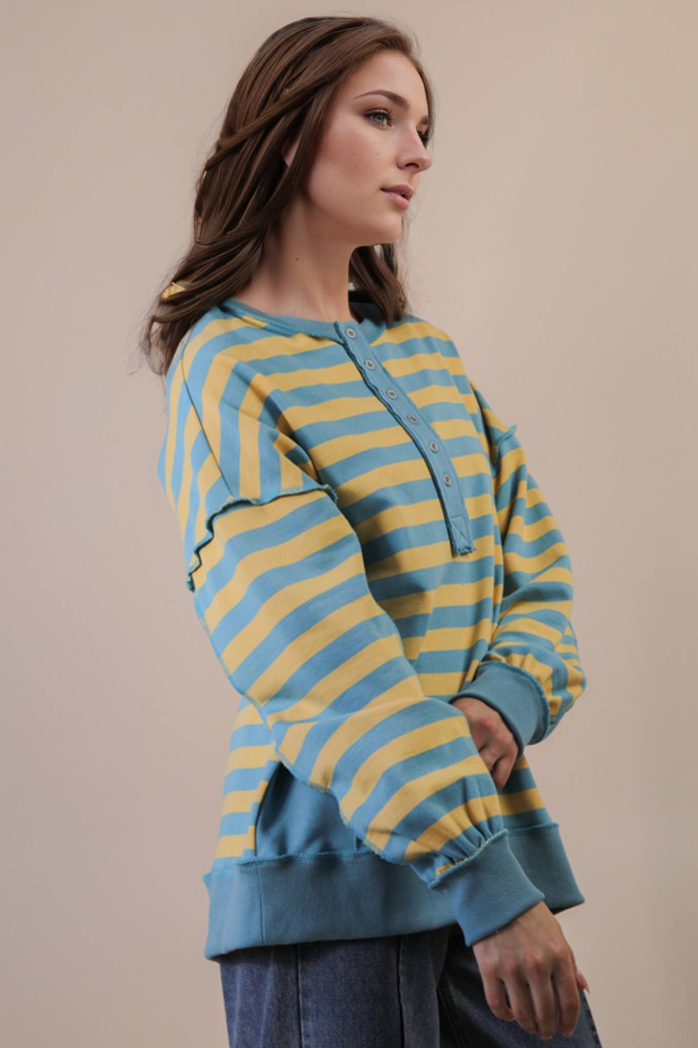 Oversized Striped Half Button Down Casual Knit