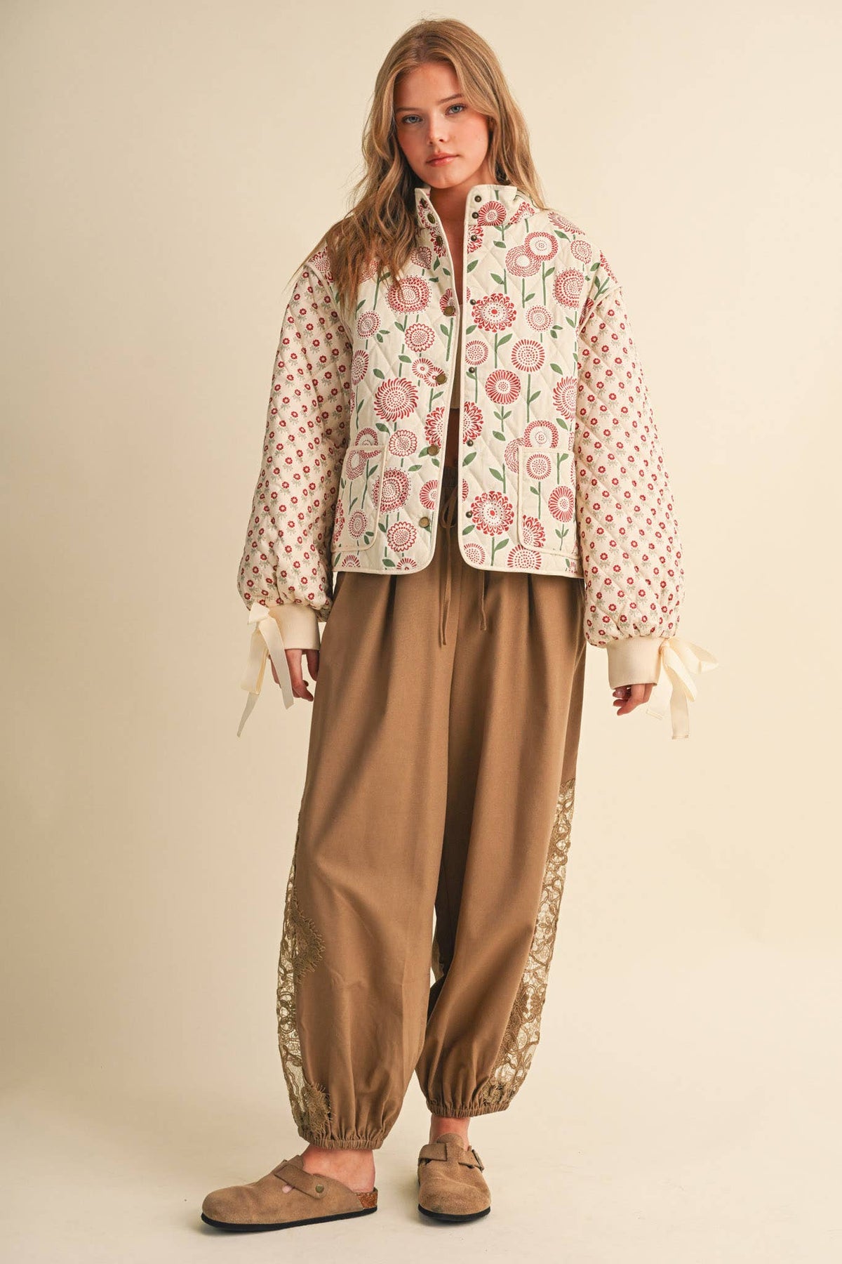 QUILTED MIXED FLORAL PRINT JACKET WITH RIBBON DETAIL