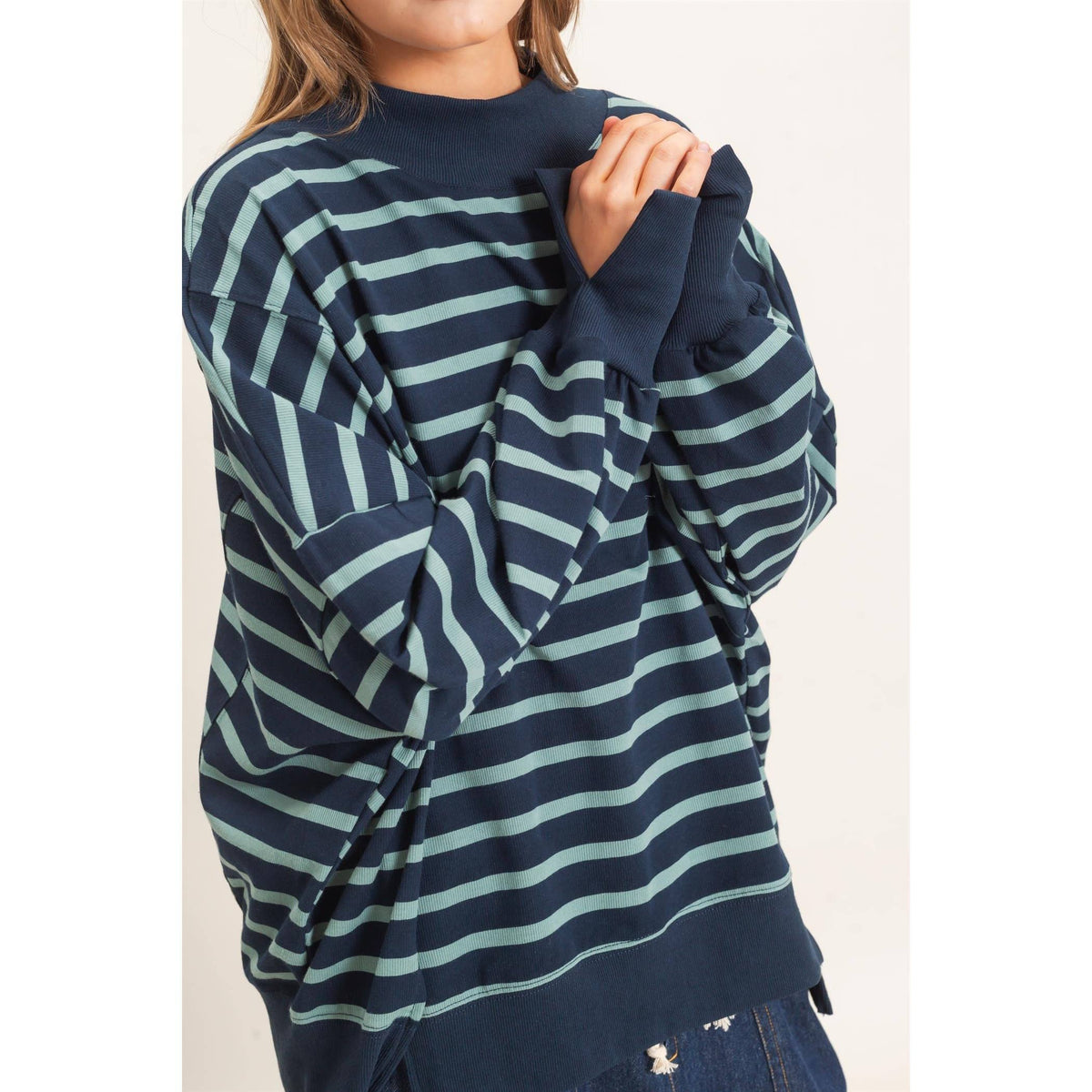 Striped Mock Neck Sweatshirt: NAVY/SAGE