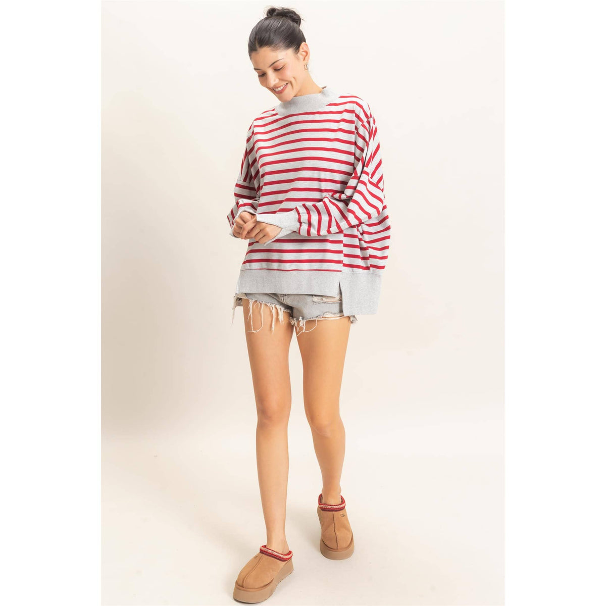 Striped Mock Neck Sweatshirt: H.GRAY/RED
