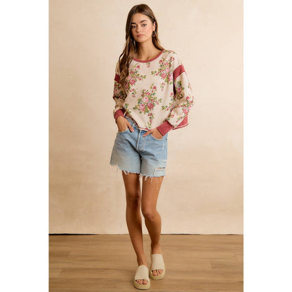 FLORAL BRUSHED TERRY OPEN BACK LONG SLEEVES TOP