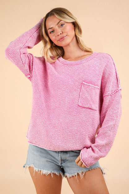 Mineral Washed Knit Oversized Sweater Pullover Top: PINK