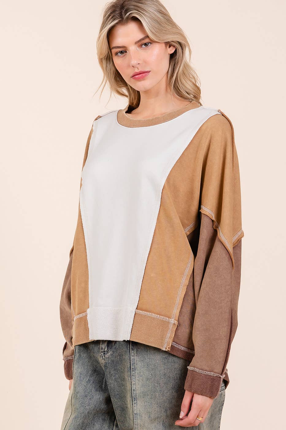 MINERAL WASH COLOR BLOCK DOLMAN SLEEVE PULLOVER