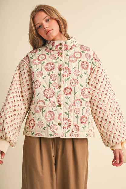 QUILTED MIXED FLORAL PRINT JACKET WITH RIBBON DETAIL