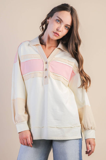 Color Block Oversized Collared Casual Knit Top
