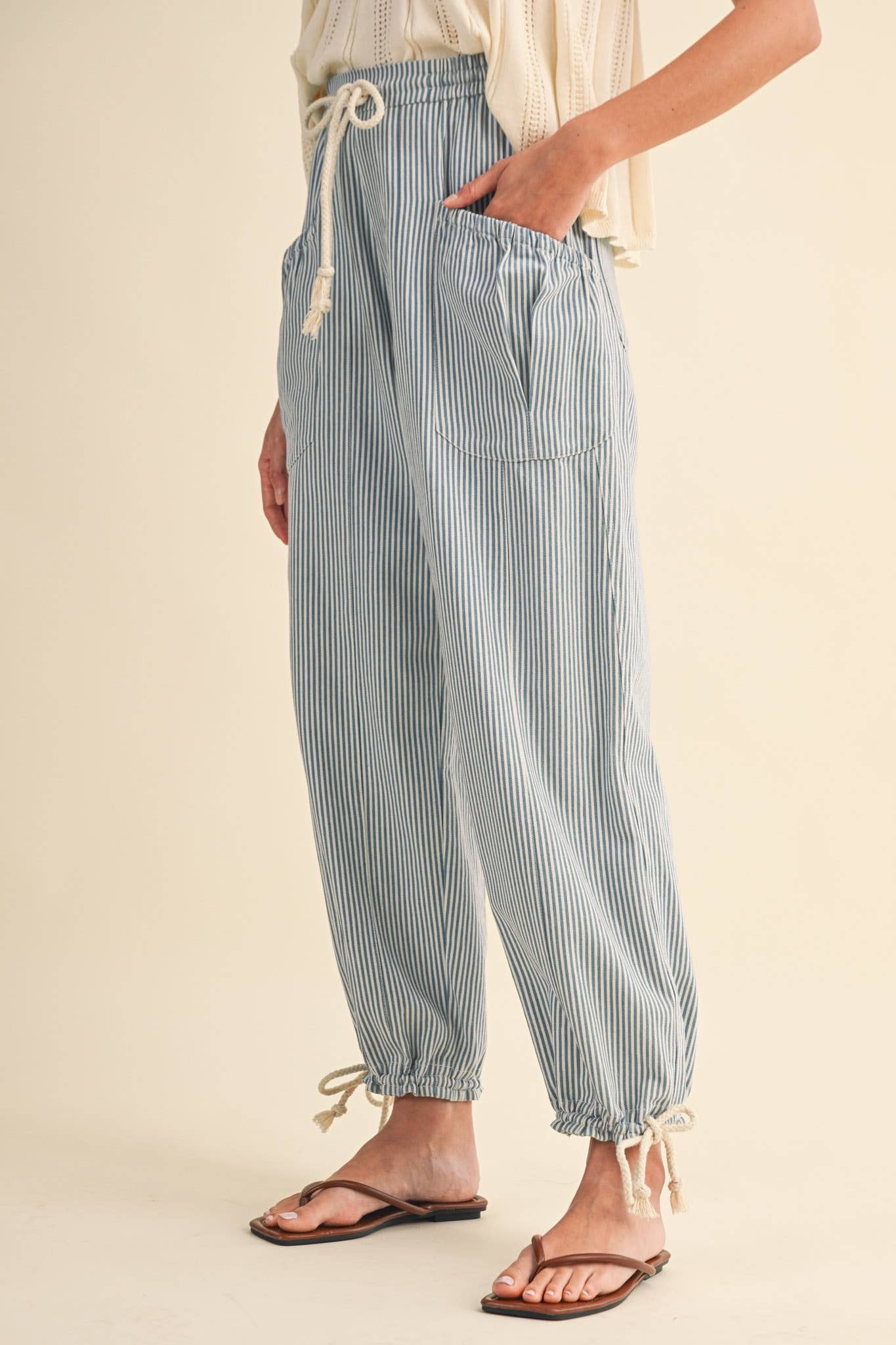 STRIPED PARACHUTE PANTS: DENIM STRIPE