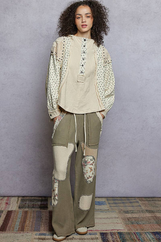 Pol Clothing - Long sleeve mock neck double gauze contrast stud hoodie top