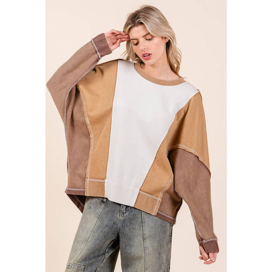 MINERAL WASH COLOR BLOCK DOLMAN SLEEVE PULLOVER